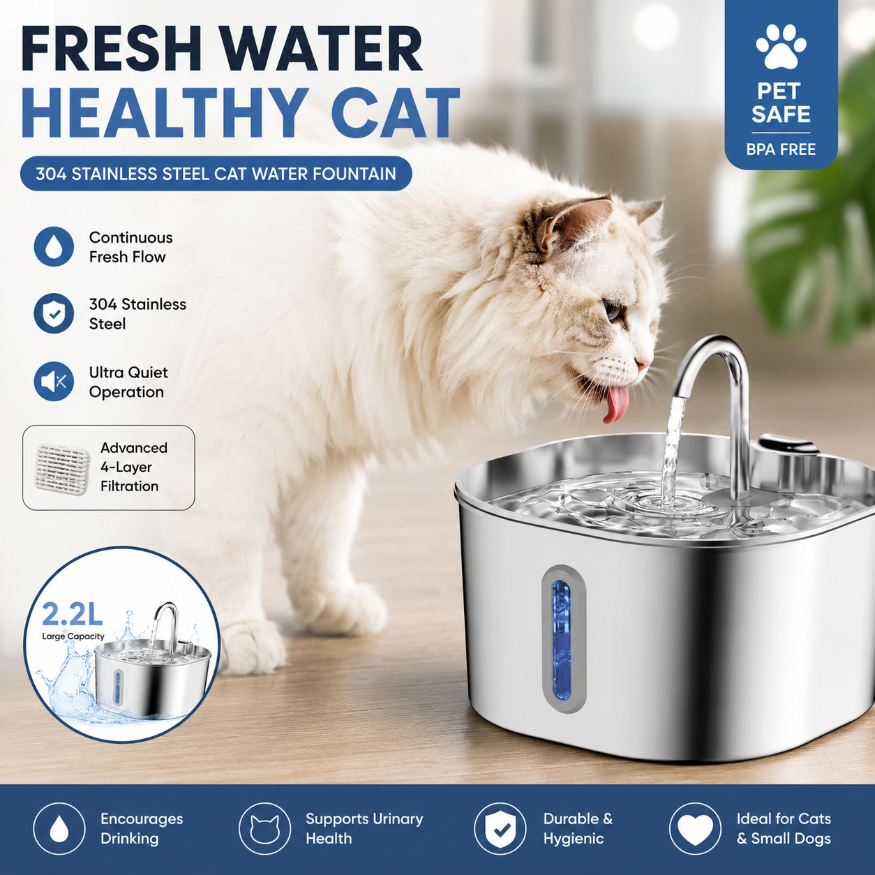 2.2L 5V USB Stainless Steel Cat Water Fountain Automatic Pet Water Auto Cat Drinking Fountain Dog Dispenser Drinker Bowl