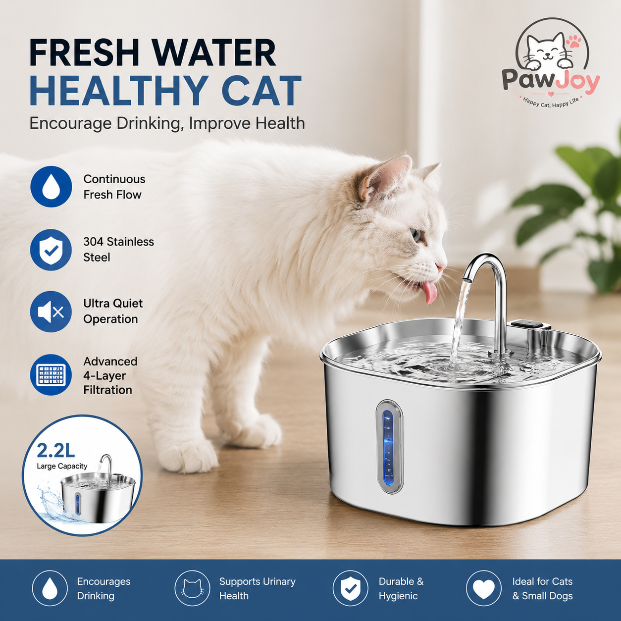 2.2L 5V USB Stainless Steel Cat Water Fountain Automatic Pet Water Auto Cat Drinking Fountain Dog Dispenser Drinker Bowl